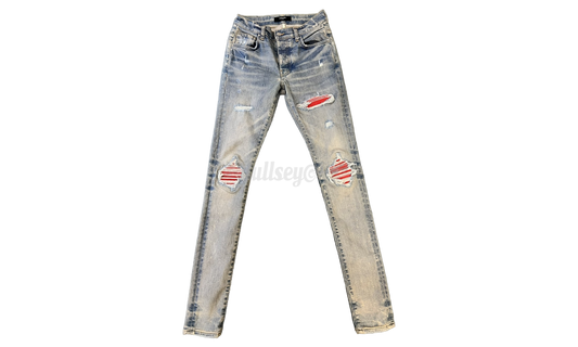 Amiri MX1 Red Ultra Suede Patch Clay Indigo Jeans (Light Stains)